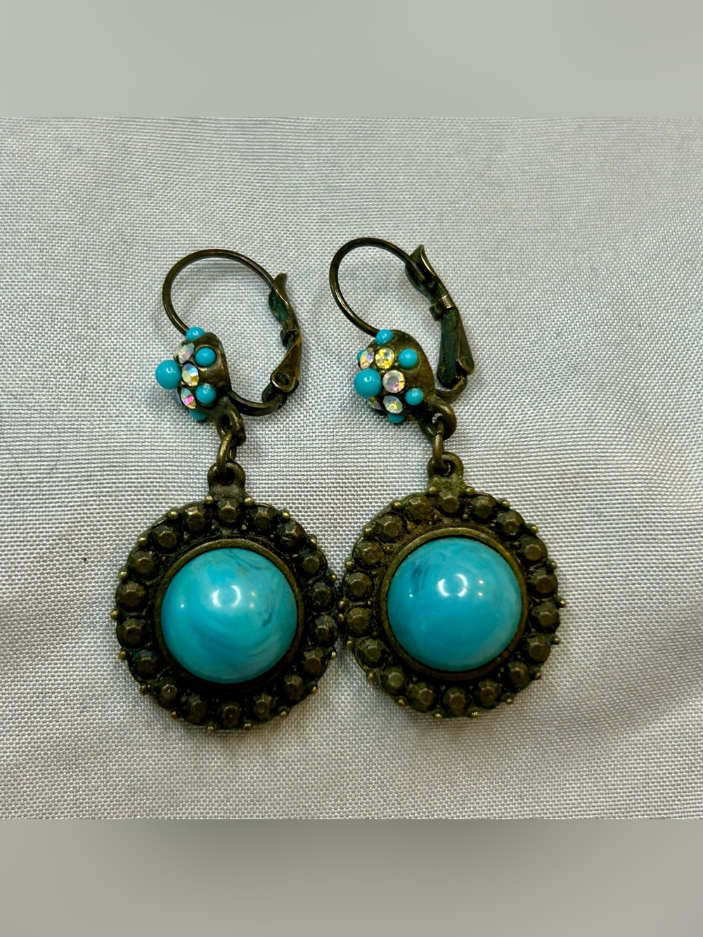 Vintage Turquoise Drop Earrings - Blue Round Cabochon Dangles (from Spain)